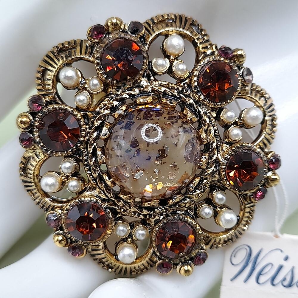 Weiss Topaz Rhinestone and Art Glass Brooch with Original Tag